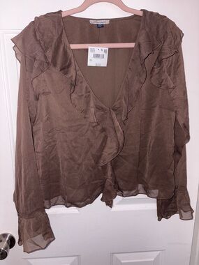 American Eagle Outfitters Brown Ruffle V-Neck Blouse